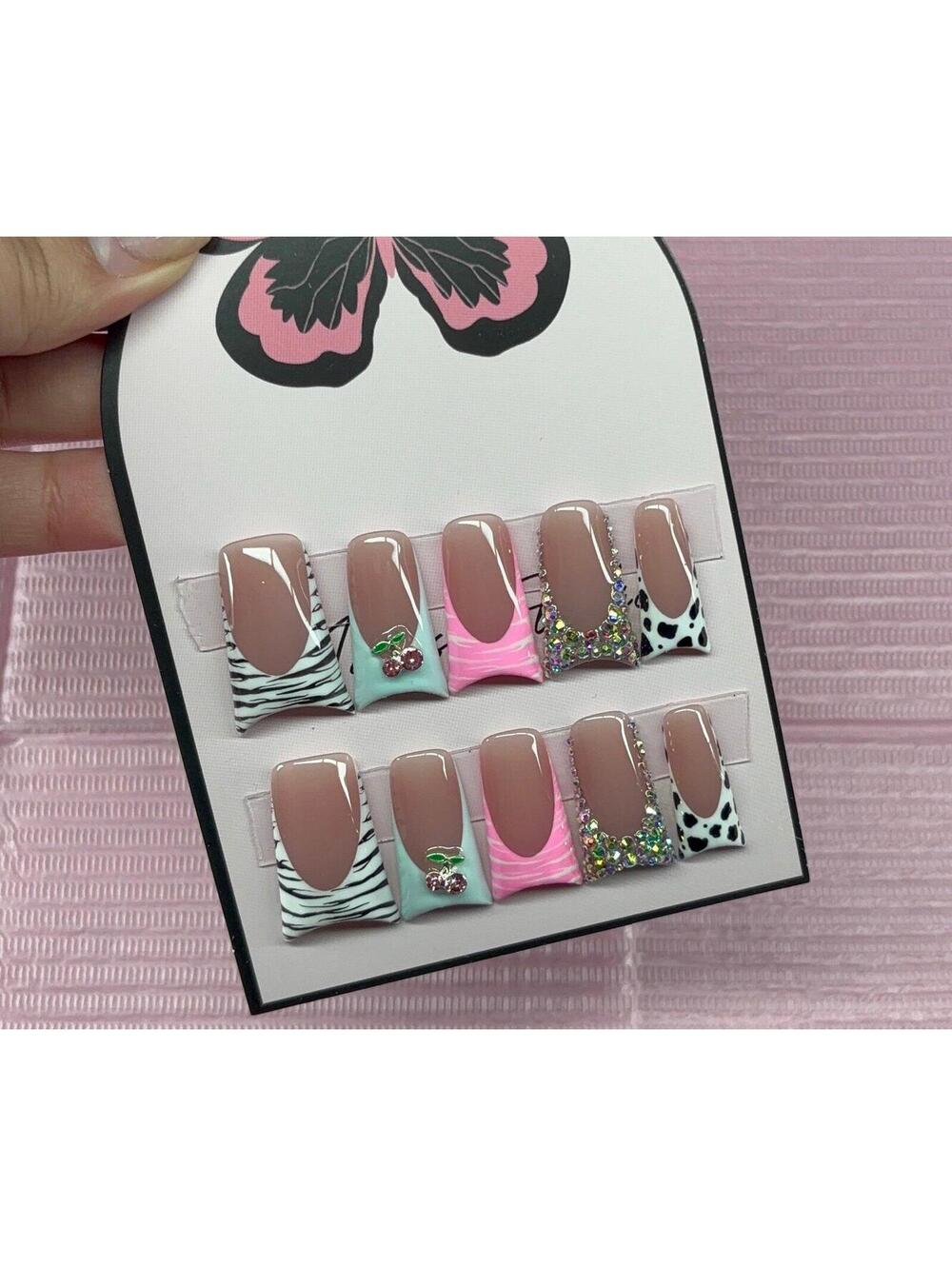 Long duck flared Press on nails rhinestones cherry charms animal print white